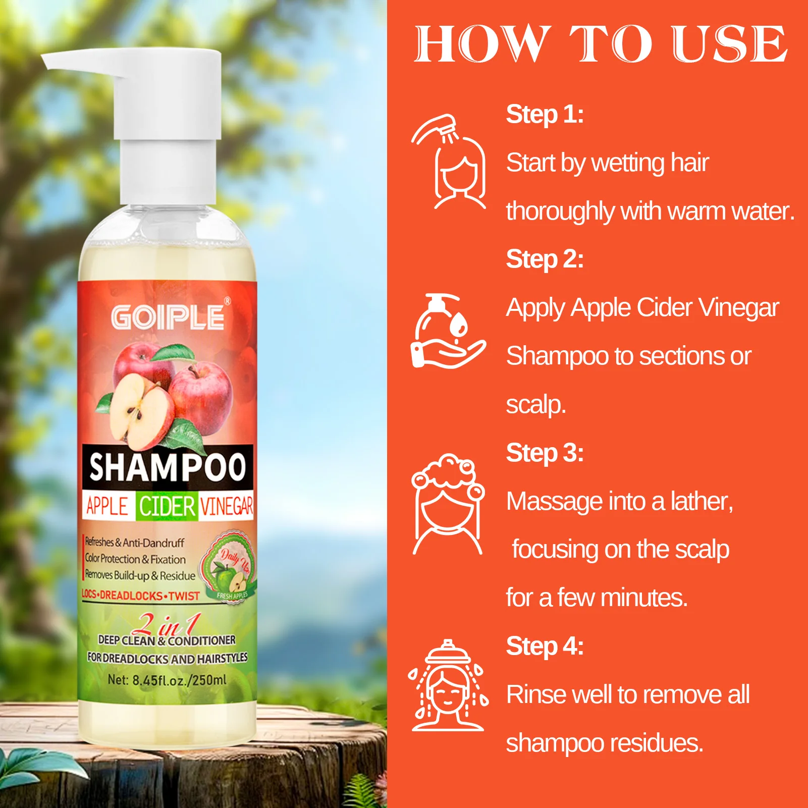 Apple Cider Vinegar Shampoo Deep Clean Hair Scalp Detox Toner for Increase Hair Volume,Refreshing Scalp and Hair Fluffy & Brush