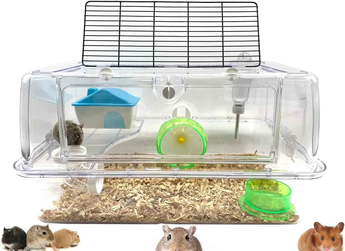 

2-Tier Acrylic Hamster Habitat with Wheel, Water Bottle & Food Bowl, Expandable