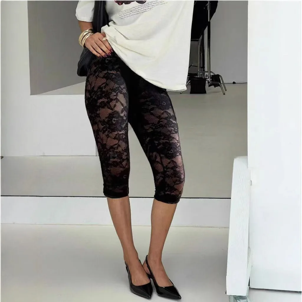 Black Lace Leggings Women's Sensual High-Waisted Sheer Cropped Trousers Lace-Up Holiday Casual Base Layer Trousers