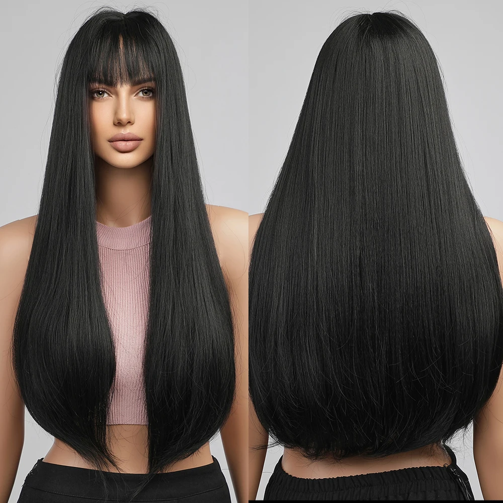 Natural Black Long Straight Synthetic Hair Wigs with Bangs for White Women Afro Cosplay Party Daily Hair Heat Resistant Fiber