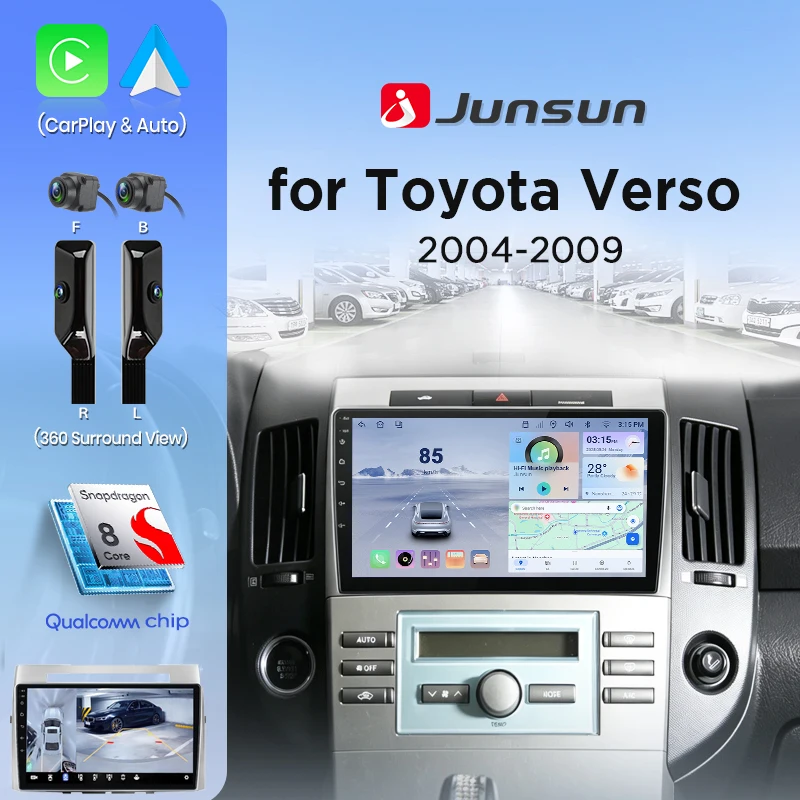 Autoradio Junsun pour Toyota Corolla Verso 2004 - 2009 360 °   Caméra panoramique, écran sans fil CarPlay, Android Auto, autoradio GPS RDS 8 cœurs, Bluetooth, RDS, SWC, 2 Din