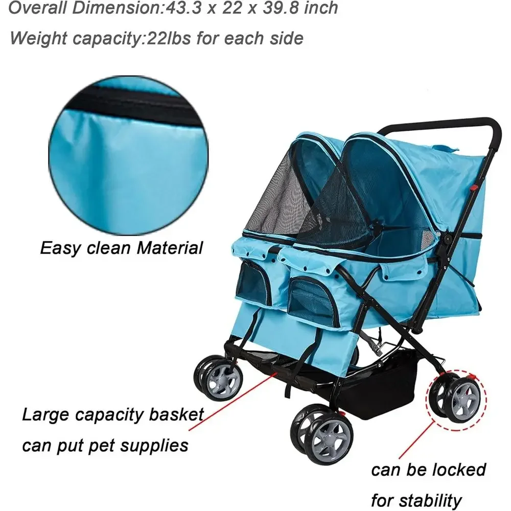 Double Decker Pet Stroller for Dogs and Cats, Versatile Travel Cart in Blue