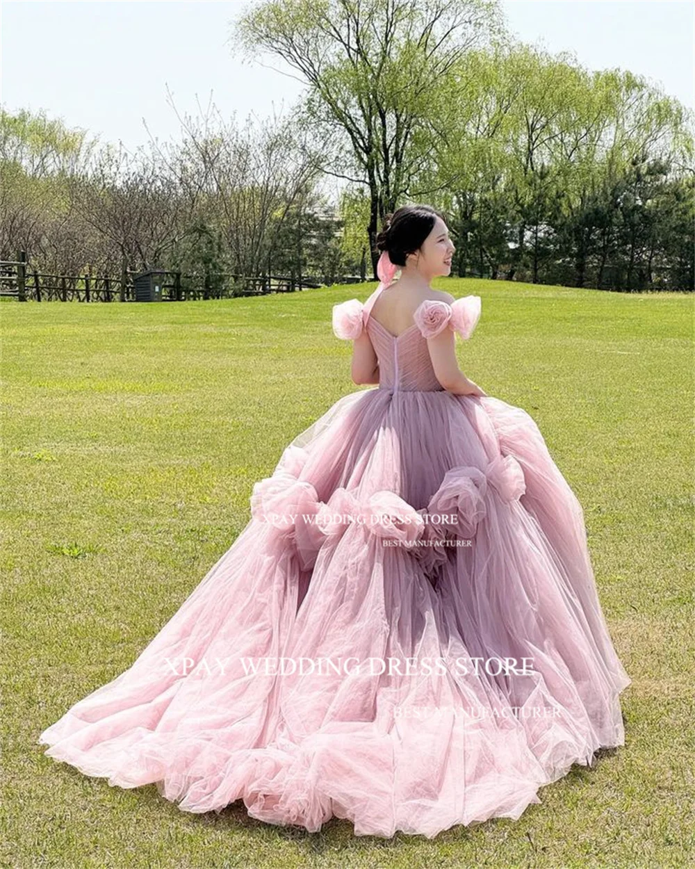 XPAY Princess Pink Korea Evening Dress Off Shoulder Wedding Photos Shoot Prom Gowns Fairy Tulle Corset Formal Occasion Dress