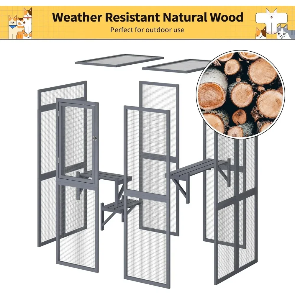 Cat House, Outdoor Cat Enclosure Window Access, Wood Cat House Shelter, Kitty Cage with 3 Platforms for Patio Indoor, Cats Cages