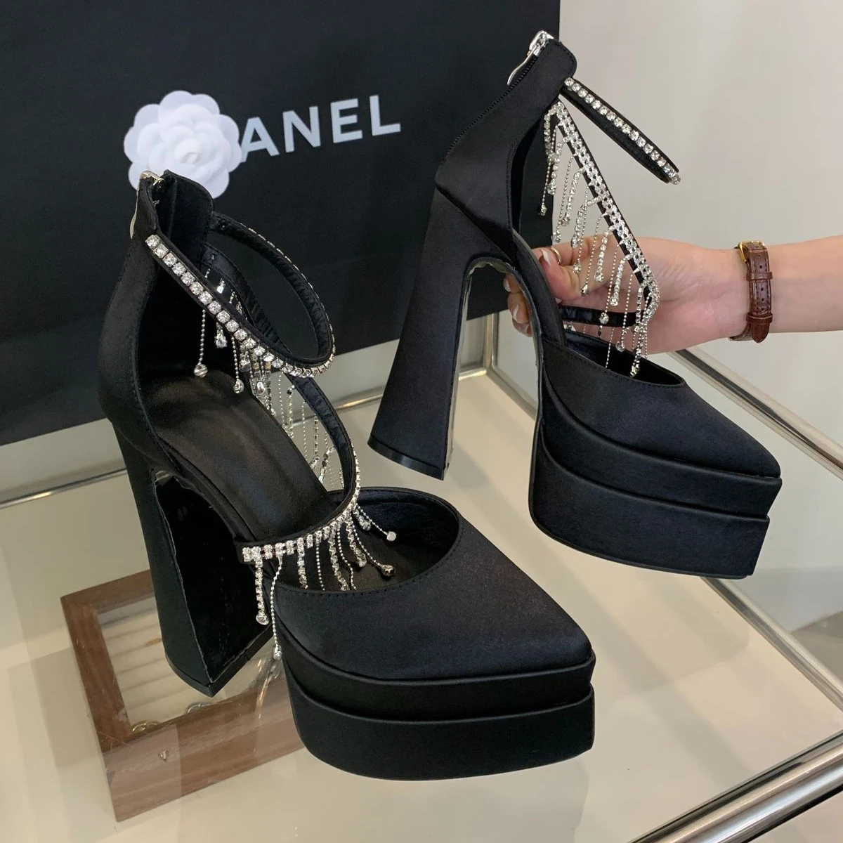 새로운 스타일 여성용 뾰족코 샌들, 큰 사이즈 15cm 스틸레토 힐 플랫폼 큐빅 프린지 슈즈