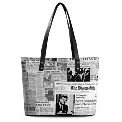 Newspaper Collage Handbags Old American Newspapers PU Leather Shoulder Bag Student Grocery Print Tote Bag Casual Shopper Bags