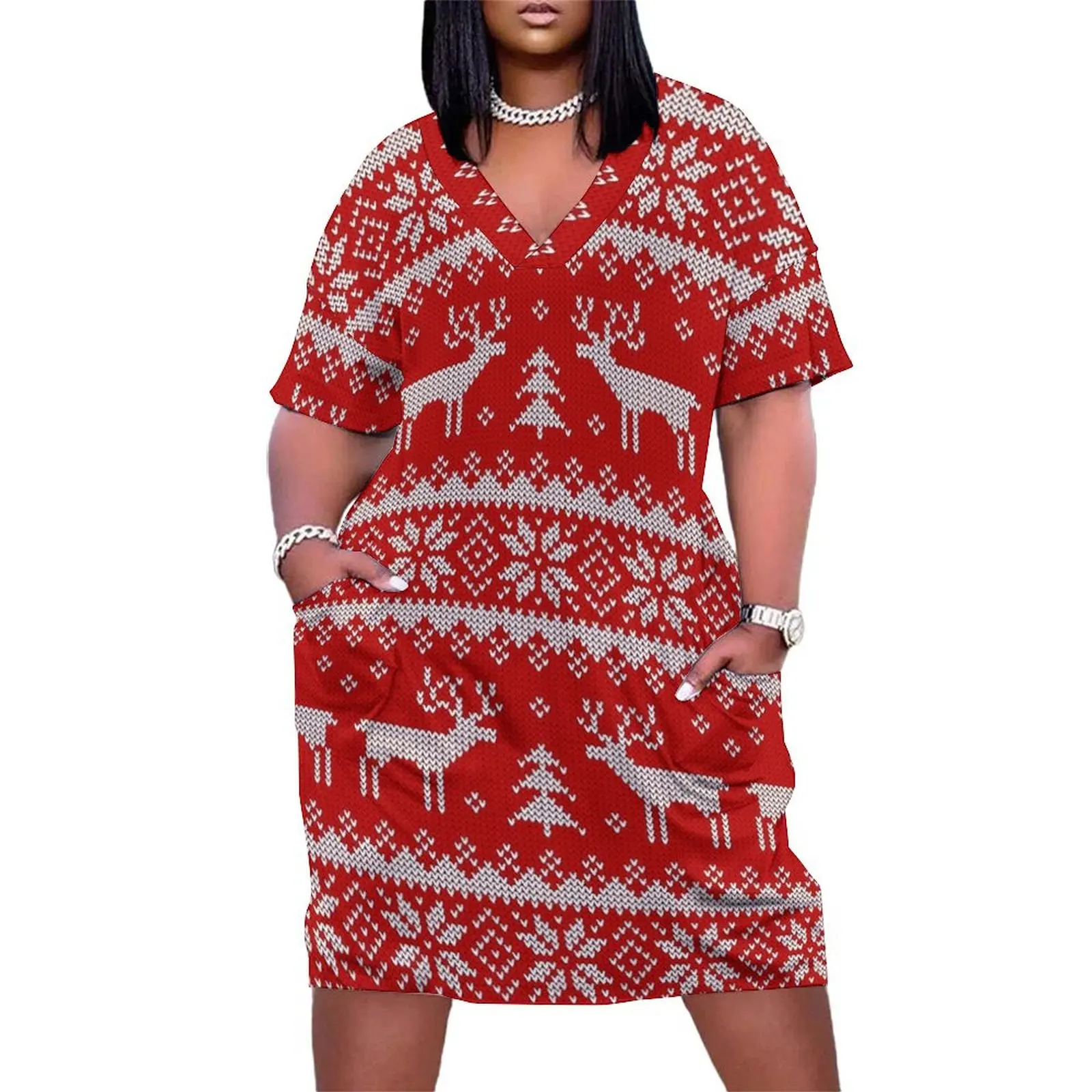 

scandinavian ornament with deers. Loose Pocket Dress summer outfits for women 2025 dress for woman Dress for girls