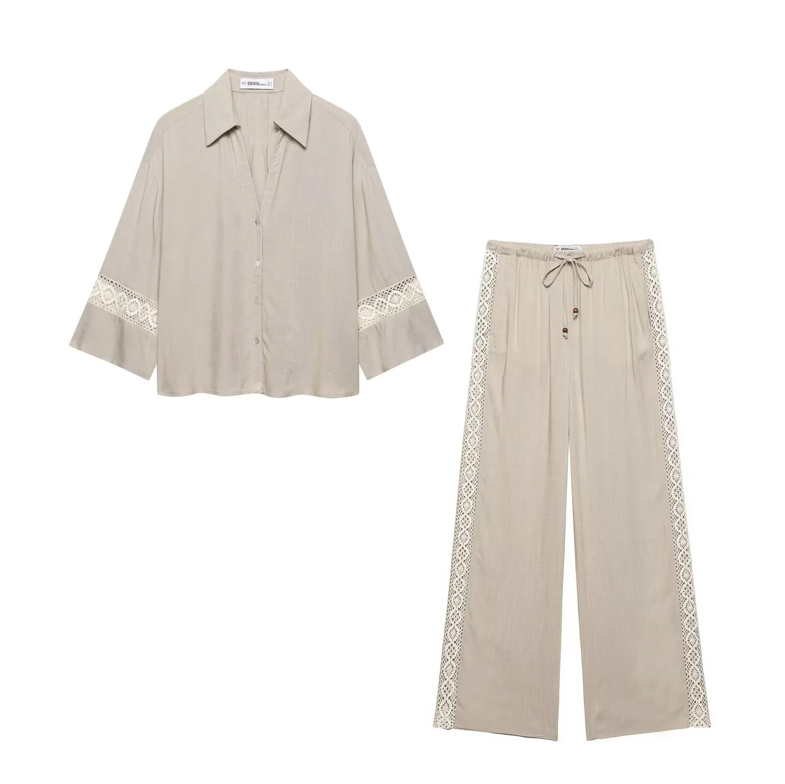 

2025 Summer New Product Women's Loose Long Sleeve Flip Collar Casual Shirt Side Embroidered Strip With Decorative Wide Leg Pants