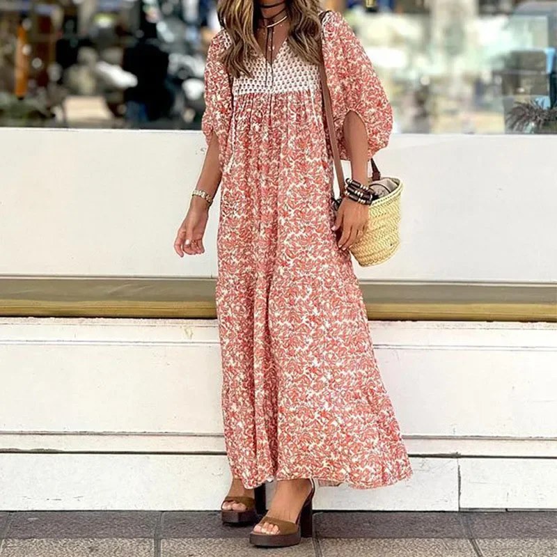 

Ladies Elegant Pleated Beach Long Dress Summer Fashion Temperament Floral V-neck Dress New Puff Sleeve High Waist Bohemian Dress