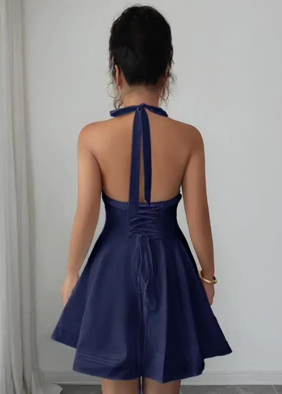 Estate 2025 nuove donne alla moda ed elegante temperamento colletto appeso gonna principessa gonna corta abito abbigliamento donna