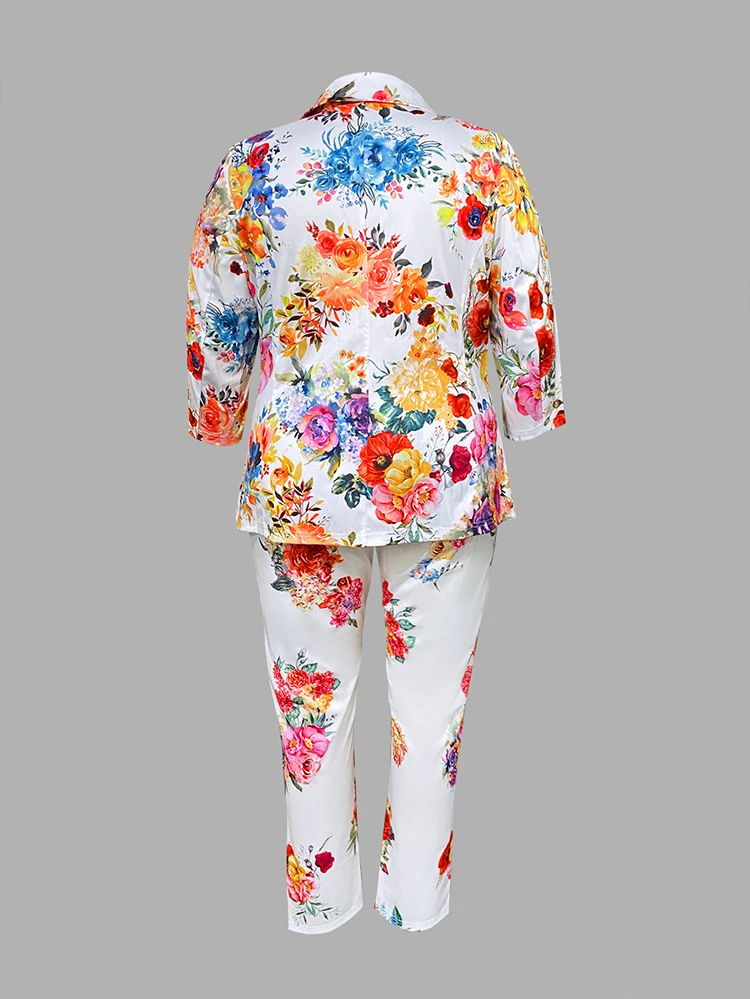 LW-Ensemble 2 pièces imprimé floral pour femme, veste et pantalon en Y, col coloré, grande taille, élégant, automne, nouveau, 2024