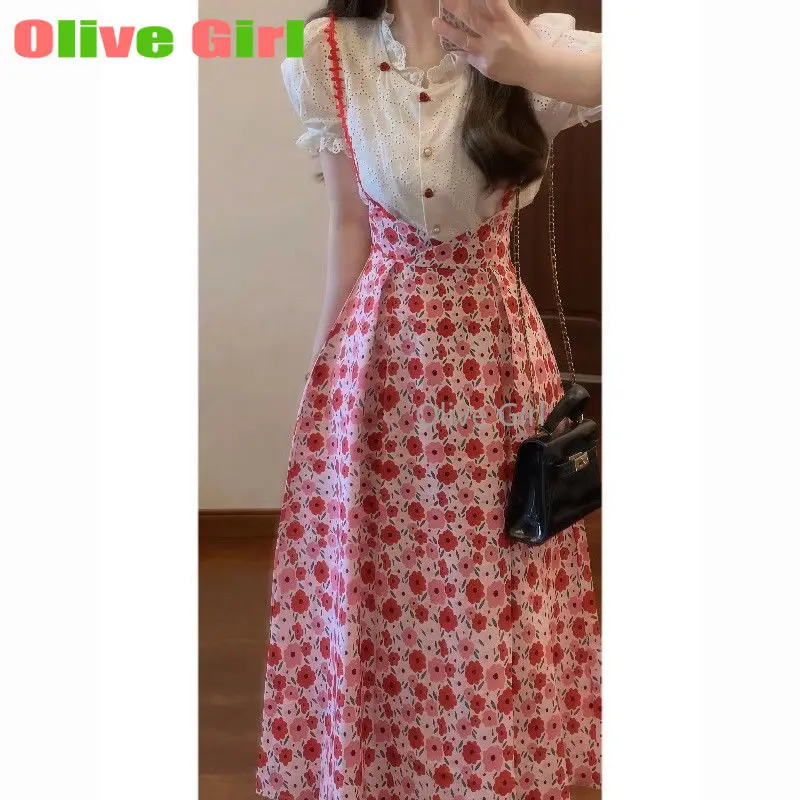 Camisa de estilo francés, mangas de burbuja blancas, estampado de temperamento, tirantes florales, Falda corta, conjunto de dos piezas de verano, ropa de mujer