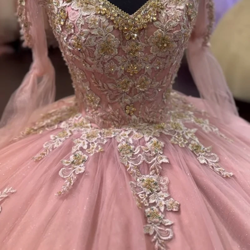 ANGELSBRIDEP Rosa Quinceanera Vestidos Com Mão Ouro 3D Flor Apliques Renda Cinderela 16 Princesa Vestidos De 15 Anos