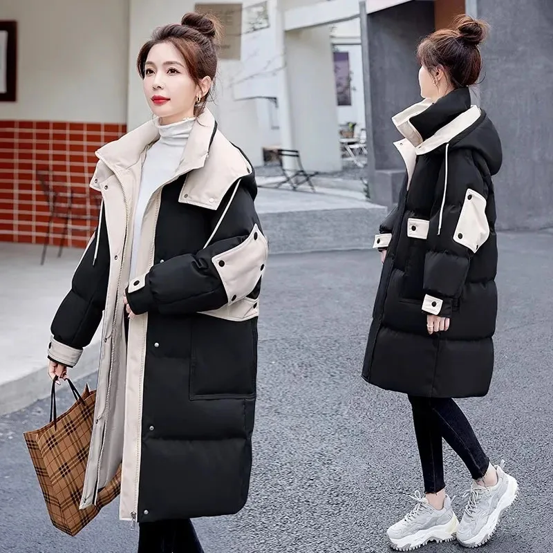 

New Fashion Down Cotton Coat Women Long Winter Warm Quilted Jacket Female Detachable Hooded Parker Overcoat Cotton Clothes Black