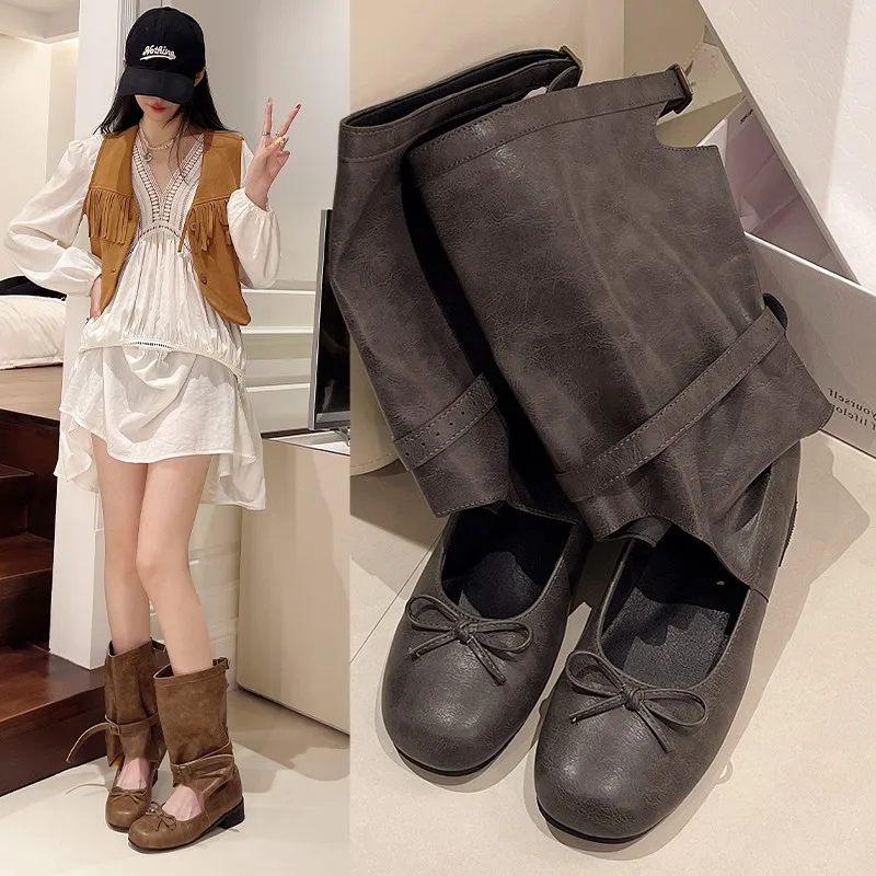 Niche Square Bow Genuine Leather French Mary Jane Single Shoe Women's Flat Bottomed Pants and Short Boots for Women