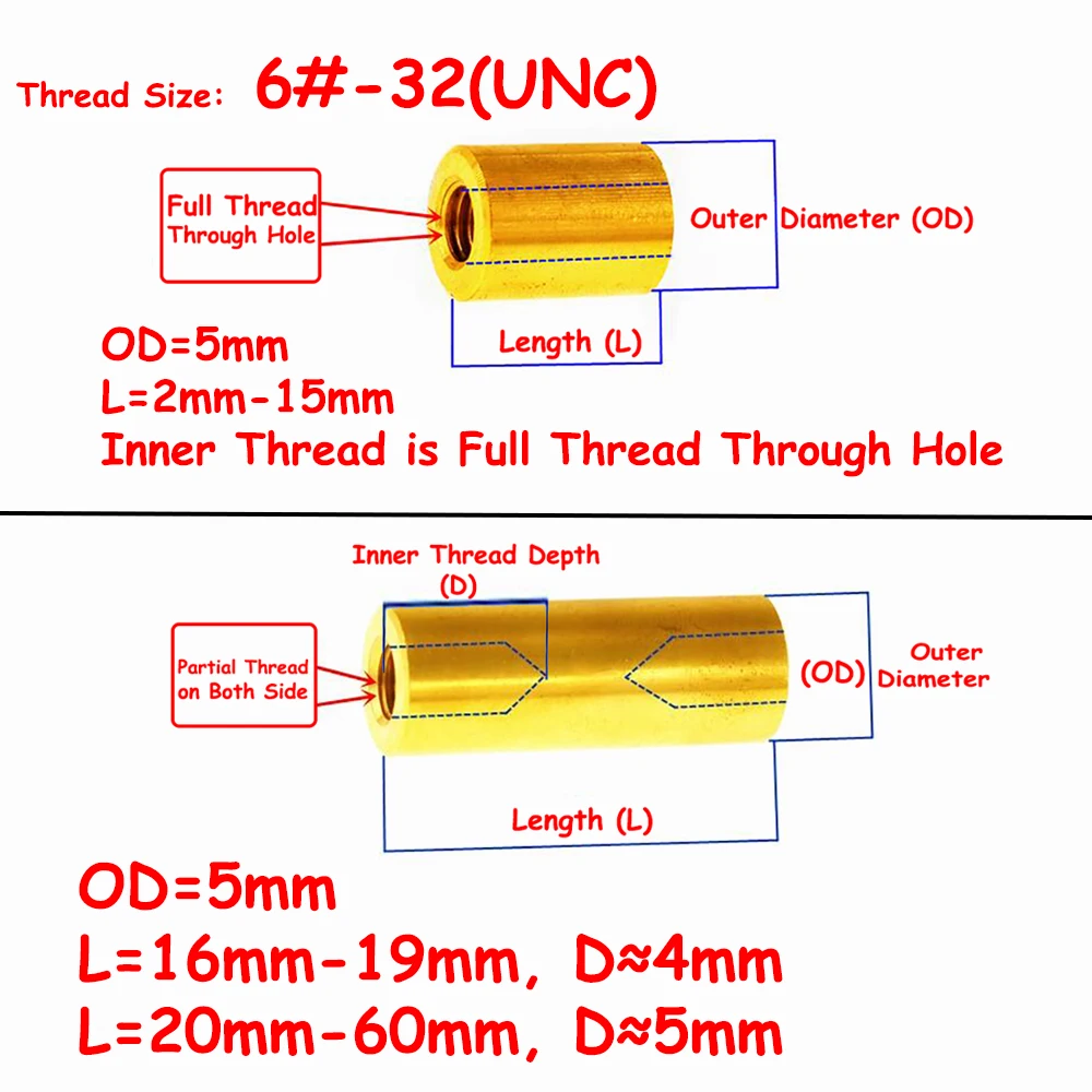 Weiyi 6#-32 UNC Round Brass Standoff Spacer Extended Long Coupling Nuts Copper Double Pass Hollow Pillars for PCB OD5mm