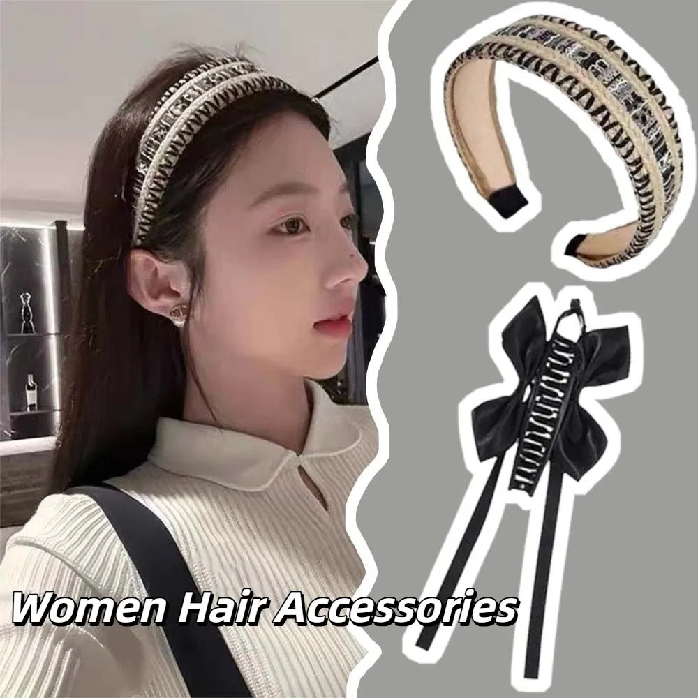 

2pcs Ballet Style Ribbon Banana Clip Wide Side Woven Bow Vertical Clip Hairband Soft Black Knitted Hair Hoop Ponytail Holder