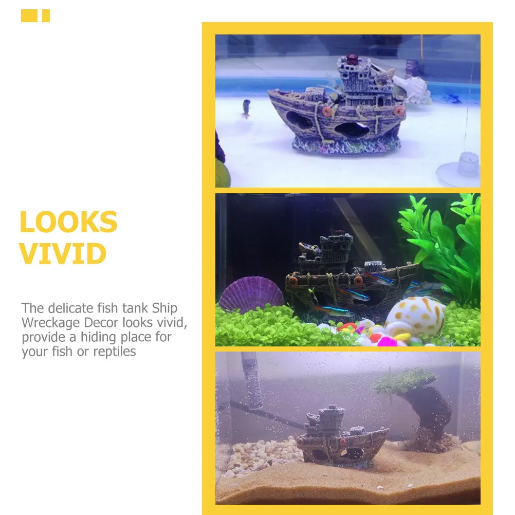 

Mini Shipwreck Decor Resin Aquarium Ornament Fish Tank Landscape Prop Simulated Wreckage Hiding Place For Fish Durable