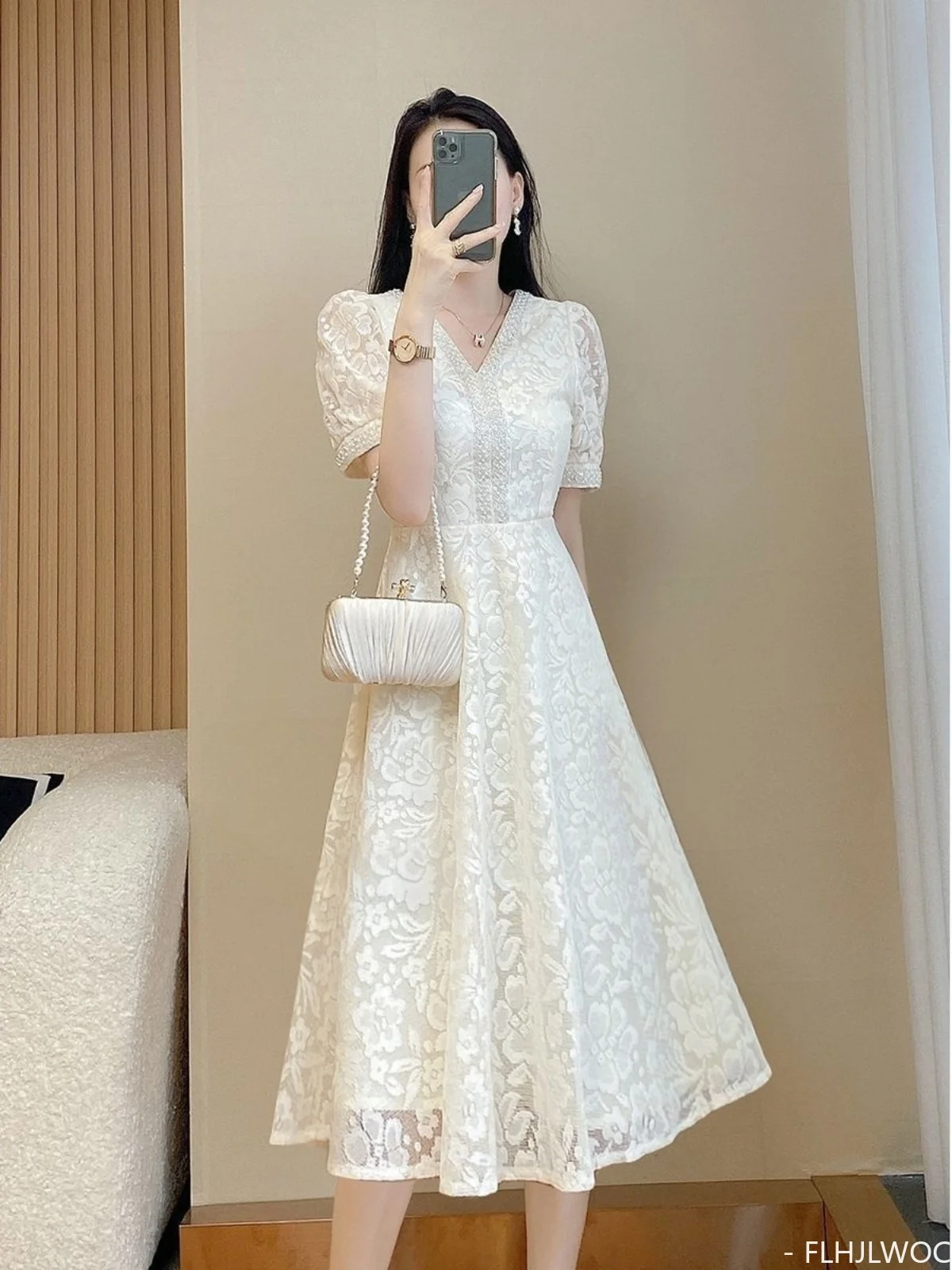 Shirt Dress Summer Office Lady Girls Cute Sweet V Neck Slim Waist A Line Hollow out White Lace Dresses Women Feminine Vestidos