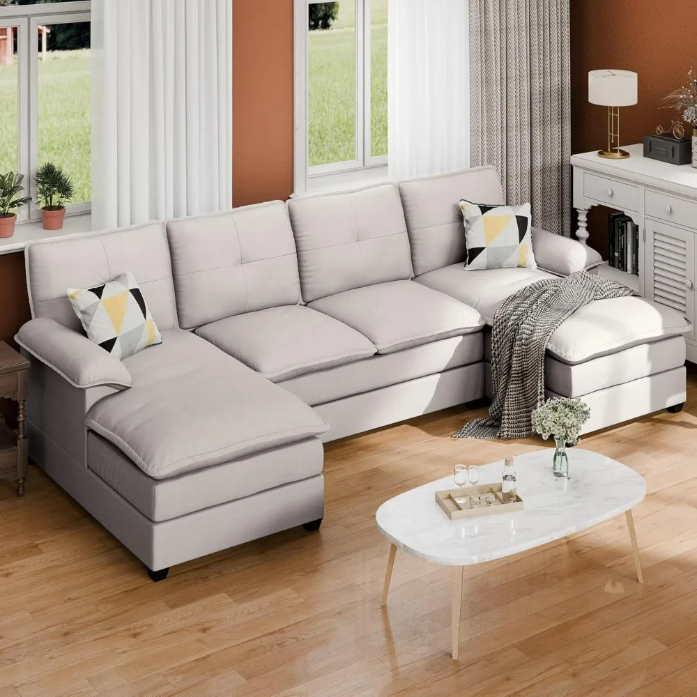 4 Seat U-Shaped Sofa with Double Chaise, Fabric Modular Sectional Couches , 110