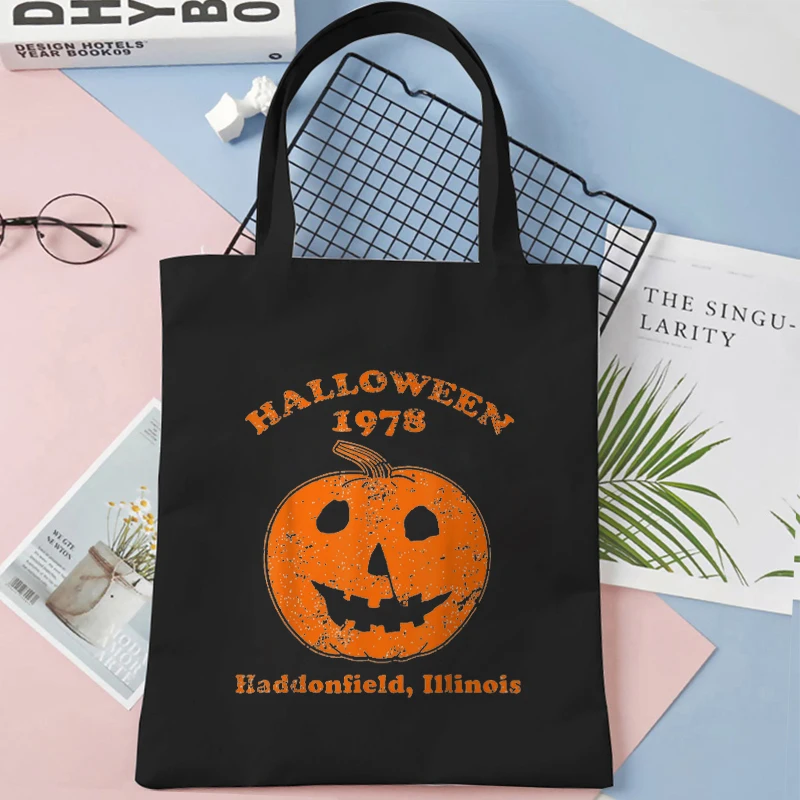 Canvas Tote Bags Cartoon Dinosaur and Pumpkin Women Shoulder Bag Fashion Spooky Halloween Graphic Shopping Bag Reusable Handbag image 4