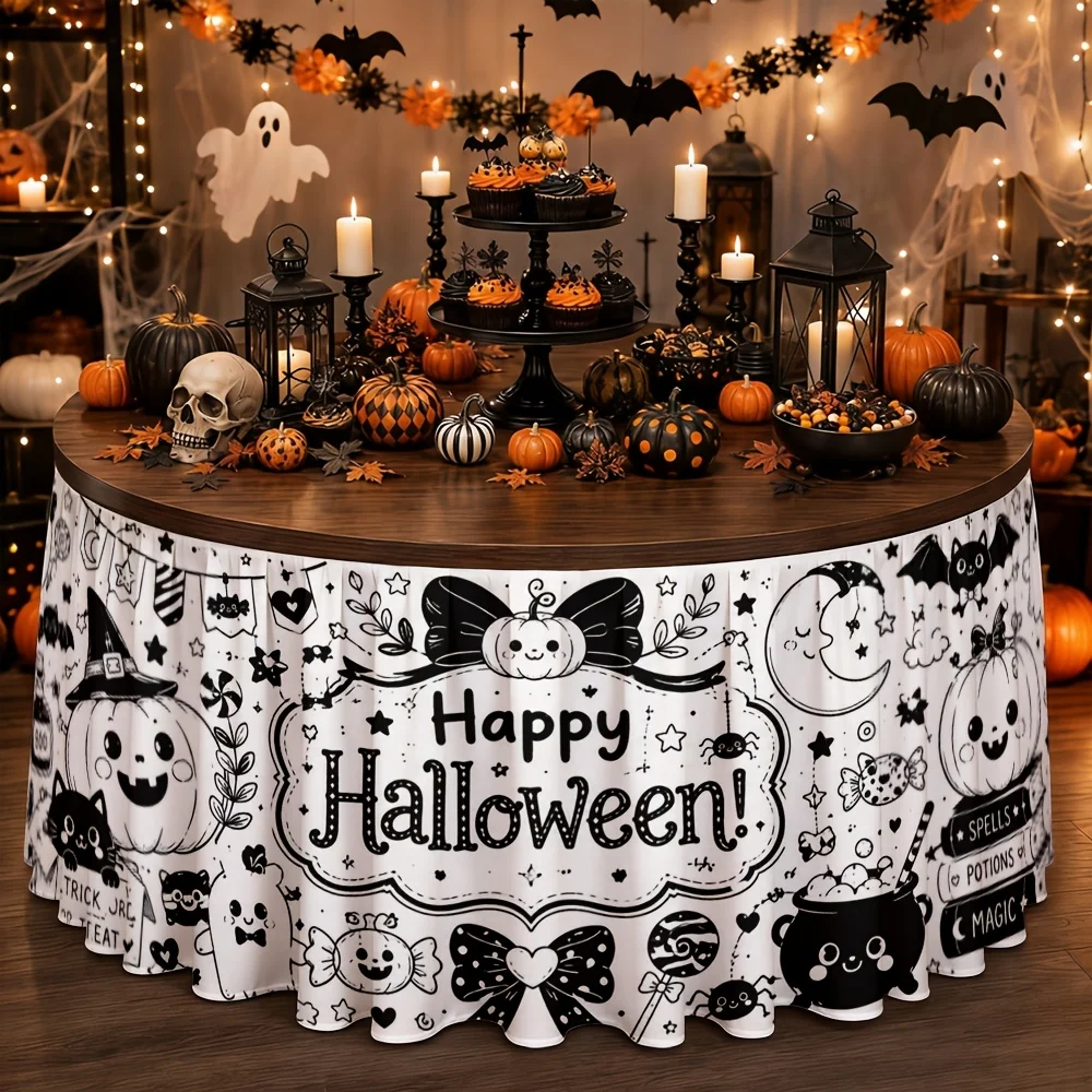 Tablecloth 1 piece Halloween party decoration Black and white cartoon cat witch candies Horror festive atmosphere