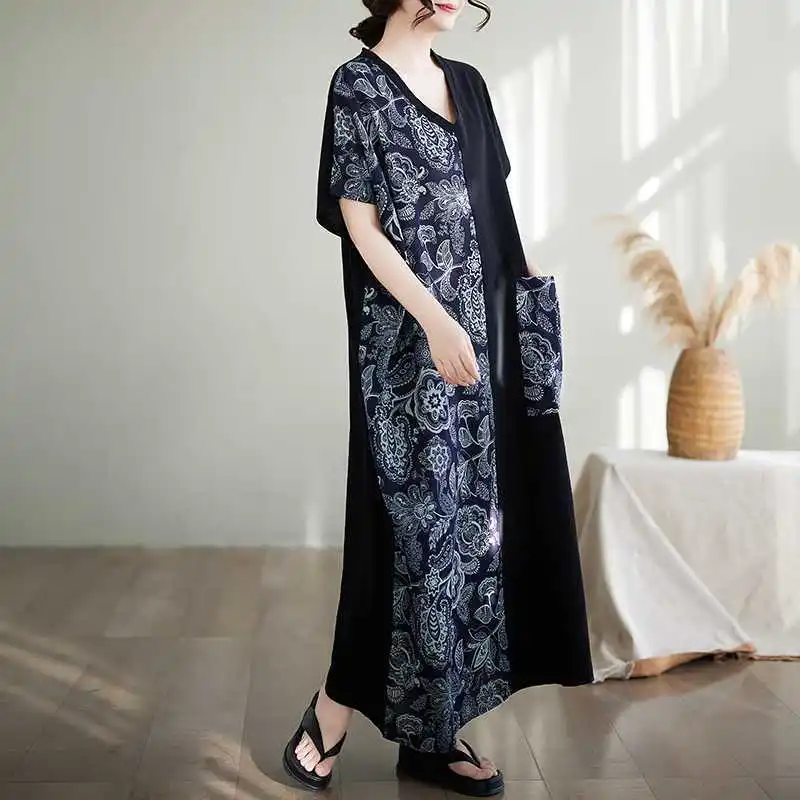 빈티지 v 넥 꽃 패치 워크 맥시 드레스 반팔 플러스 사이즈 여성 의류 여름 캐주얼 롱 드레스