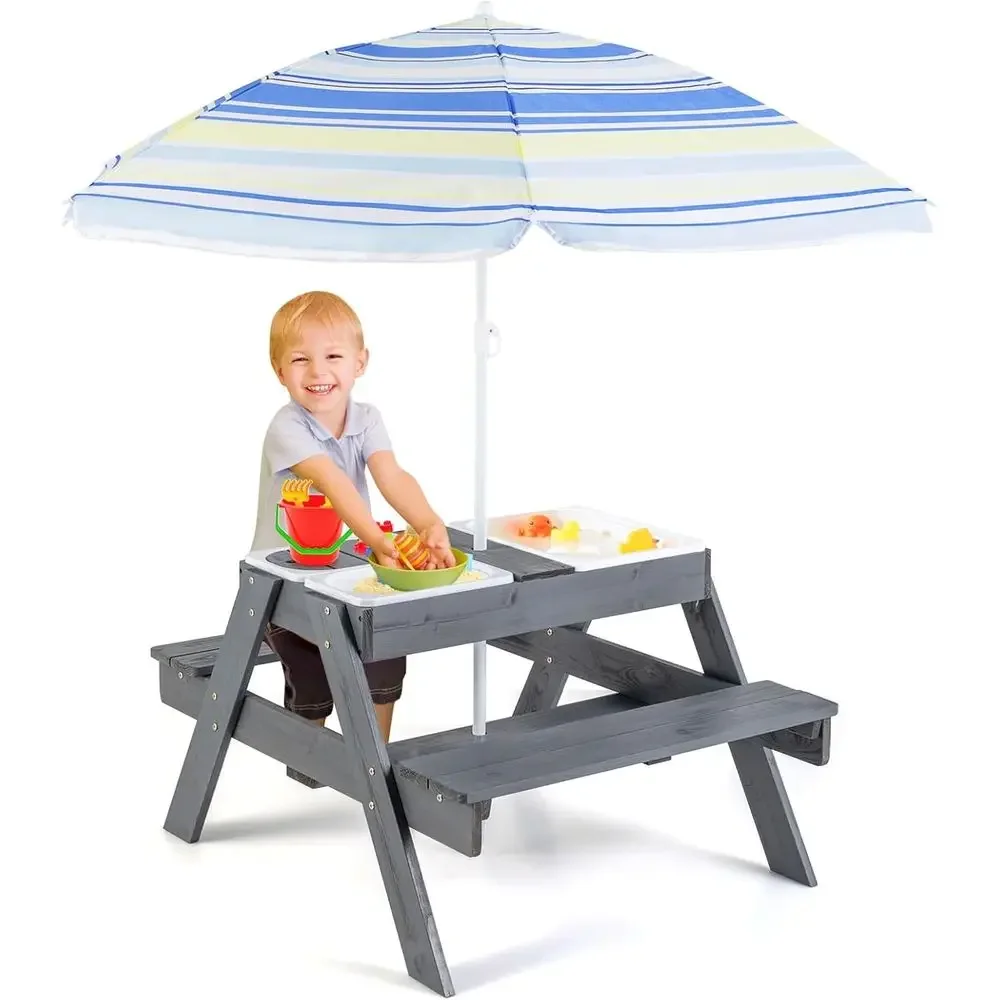 4-in-1 Children's Picnic Table with Sensory Bins, Sand & Water Play, Height-Adjustable Umbrella, Removable Top for Outdoor Fun