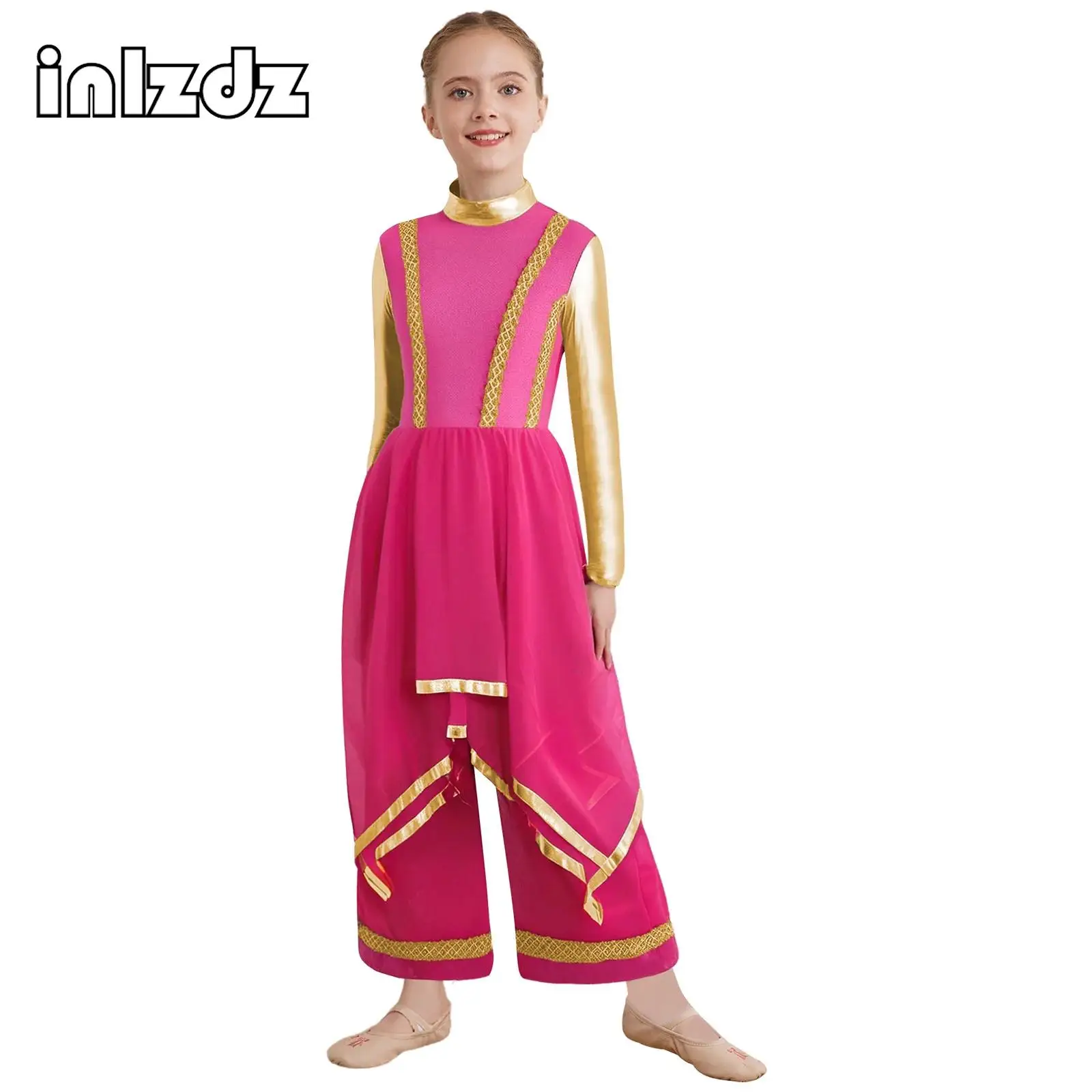 

Kids One-Piece Worship Liturgical Lyrical Dancewear Children Girls Long Sleeve Gold Trim Metallic Color Block Skirted Jumpsuit