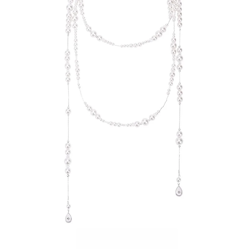 

Long pearl necklace crystal stacked with retro gypsy collarbone chain