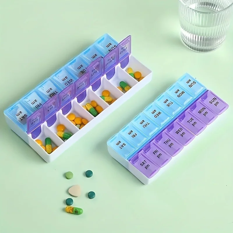 Compact 7-Day Pill Organizer with Double Row Design - Large Capacity, 14 Compartments, Easy Open Lid Medicine Storage Box