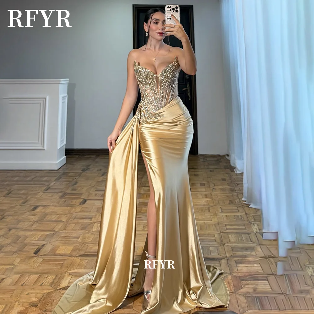 

RFYR Champagne Evening Dress Beading Prom Dress High Slit Party Dress Princess فساتين مناسبة رسمية Customized