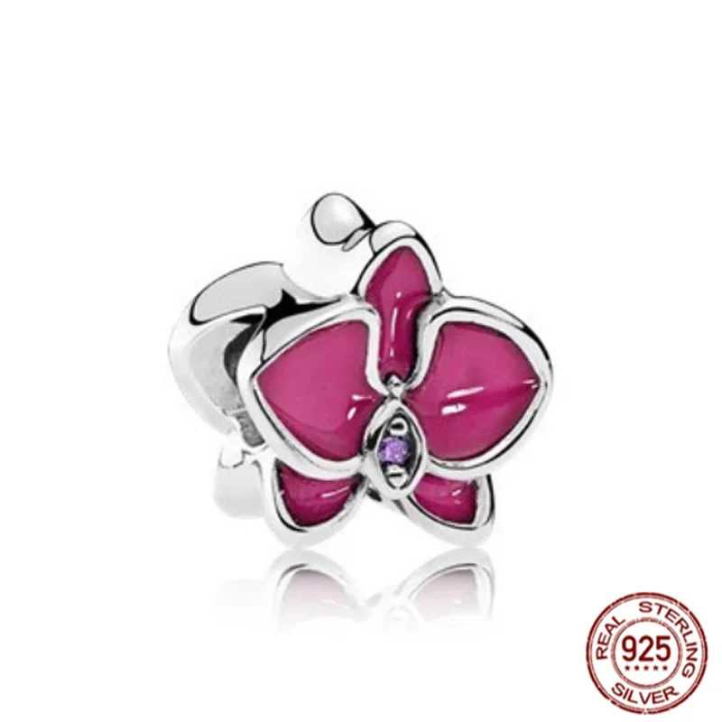 White Red Orchid Dangle Charm Authentic 925 Sterling Silver Bead For Women Fit Original Bracelet Necklace Jewelry Gift