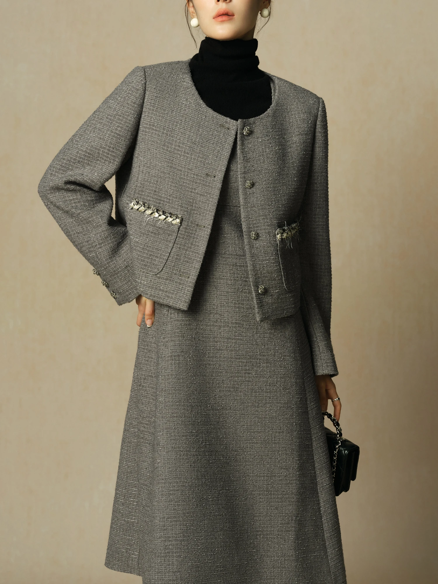 DUSHU Women Winter Coat Dress Set 17.7% Wool Short Tweed Jacket Gentle Style Round Neck Coat Grey Tank Dress 24DH84071+24DH84614