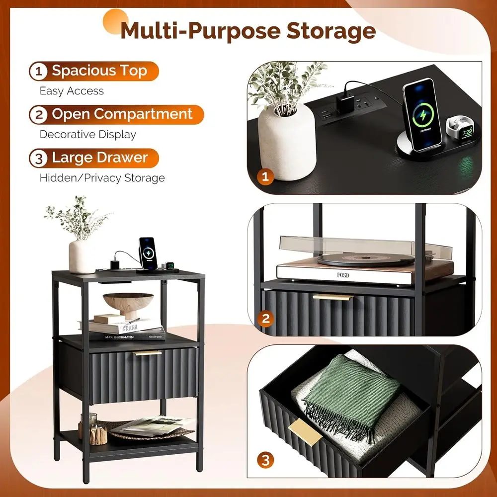 Charging Station Nightstand, Fabric-Upholstered End Table, Storage Shelf Nightstand with Handle, Versatile Side Table for Bedroo