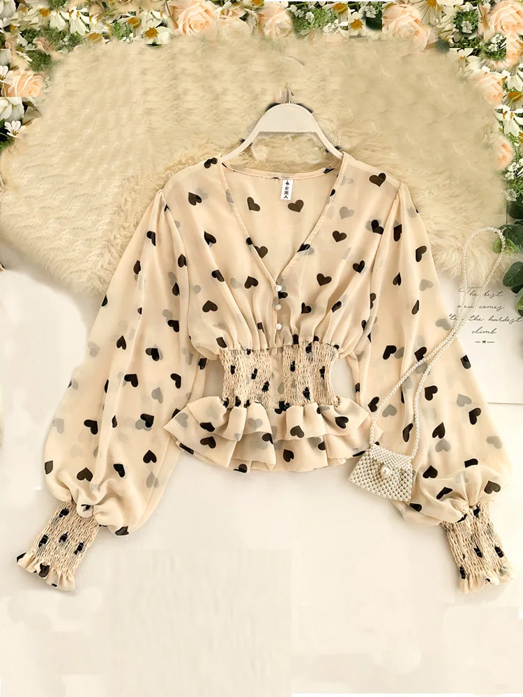 Women\'s Love Print Chiffon Shirt Top Spring Autumn V-neck Puff Sleeve Elastic Waist Double-layer Ruffled Tops and Blouses ML702