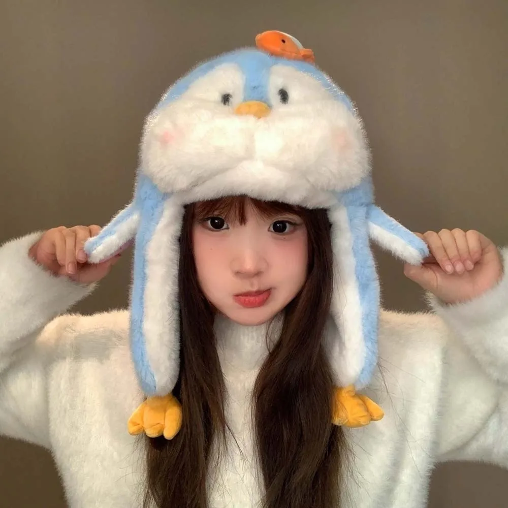 

Зимняя плюшевая шапка-ушанка в стиле панама с мультяшным дизайном (гамбургер, пингвин, медведь), ветрозащитная, регулируемая, с защитой ушей, для велоспорта