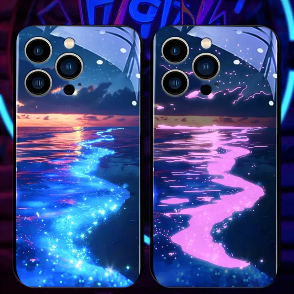 Sunrise Moon Sea Design Smart LED Light Glow Tempered Glass Phone Case For iPhone Air 17 16 15 14 13 12 11 Pro Max Plus view 5