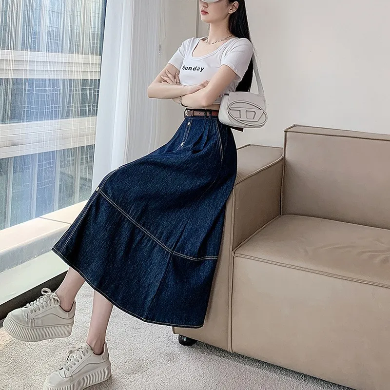 Maxi Long Skirts Women Summer Casual High Waisted Jean Skirt Ladies Splicing A-Line Ruffle Denim Skirt Plus Size 3XL NS5894