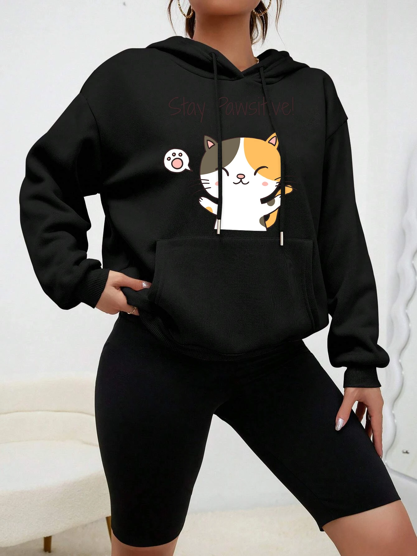 Cat Let You Stay Pawsifive Print Women Hoodies Fashion Casual Streetwear Personality Hip Hop Hoodie Cartoon Fleece Pulloverar