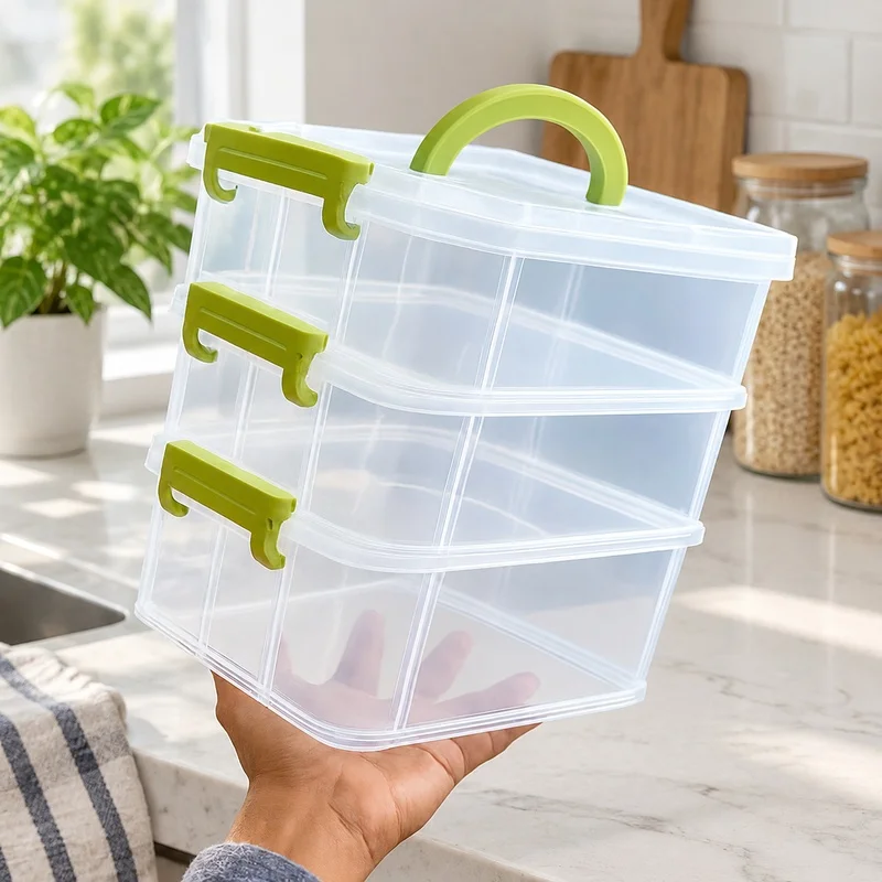 Transparent Multi-Tier Storage Box with Four Sections, Portable Organizer for Small Toys and Accessories