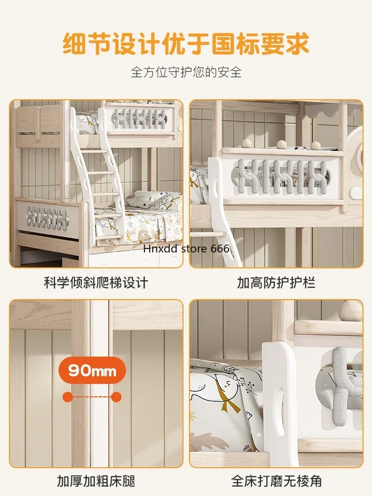 Ash wood space tree house elevated bed under cabinet staggered L-shaped bunk bed