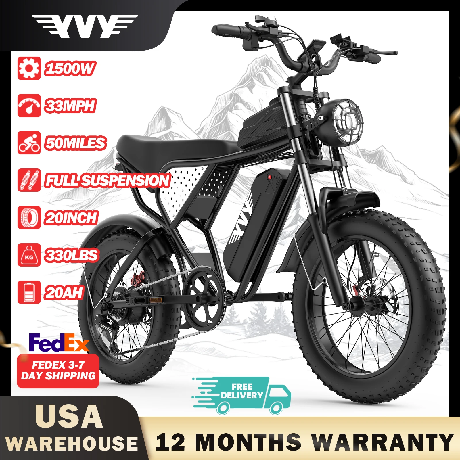 

YVY 1500W Electric Bike 33MPH 48V 20Ah Removable Battery 20" All Terrain for Mountains Sand Fat Tire Ebike Motorcycle Dirt Bike