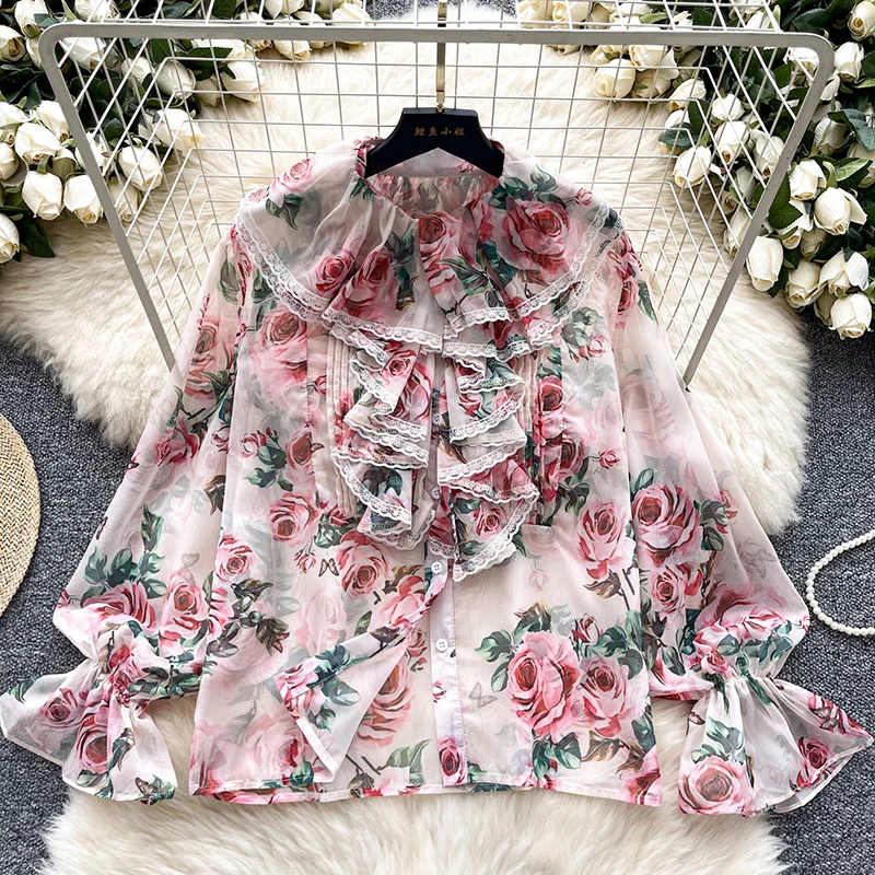 Women's Autumn Shirt French Temperament Printed Flared Sleeve Shirt with Ruffled Edges Loose Doll Collar Elegant Top BL034