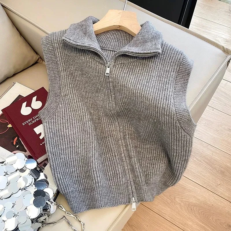 Stand Collar Knit Zipper Cardigan for Wemen Autumn New Loose Simple Sleeveless Casual Vest Y2K Korean Preppy All Match Crop Tank