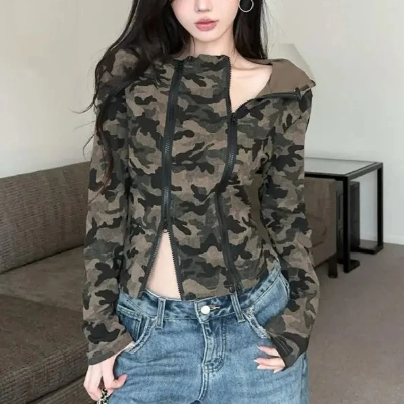 Women Camo Zip-up Hoodie Cropped Fit with Hood Stylish Casual Long Sleeve Jacket Comfortable Fashion for Daily Wear 2025 NEW