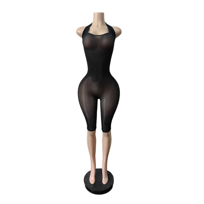 Sexy Sommer-Damen-Mesh-Jumpsuits Durchsichtige Neckholder-Overalls Ärmellose Figurbetonte Dehnbare Einteiler Nachtclub-Kleidung Playsuit – Detail 6