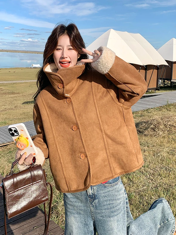 Lamb Fur ort Coat Women's Double-Sided Wear Leather And Fur Inteated Warm Top Casual Loose Fit Long Sve Button Closure