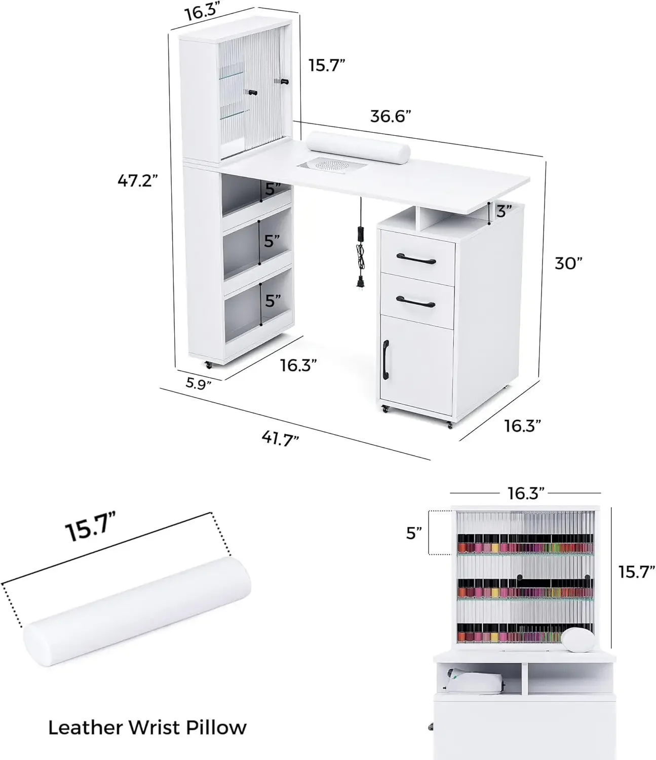 Tisch-Nagelschreibtisch für Nail Tech mit Glastür, Aufbewahrungsschränken und Handgelenkauflage, Beauty Salon Nail Supplies Decor Workstation