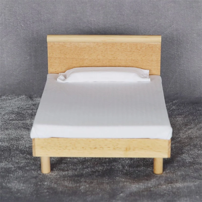 1/12 Scale Dollhouse Furniture Miniature Wooden Double Bed Dolls House Accessories Toy